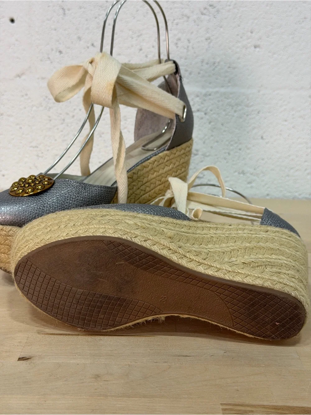 Metallic Silver Espadrille Wedge Sandals with Cream Ribbon Tie